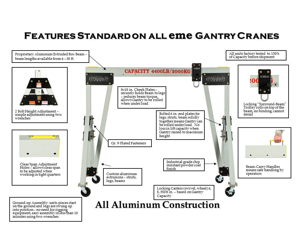 EME 4400 Aluminum Movable Gantry Crane - includes both 15 FT beam and 8 FT beam & AMH Manual Chain Hoist (Like New Condition) - 0